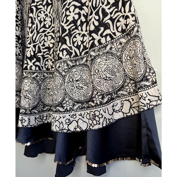 Soft Surroundings Boho Maxi Skirt Black Beige Gold Sequins Bird Medallion PM - Picture 4 of 12